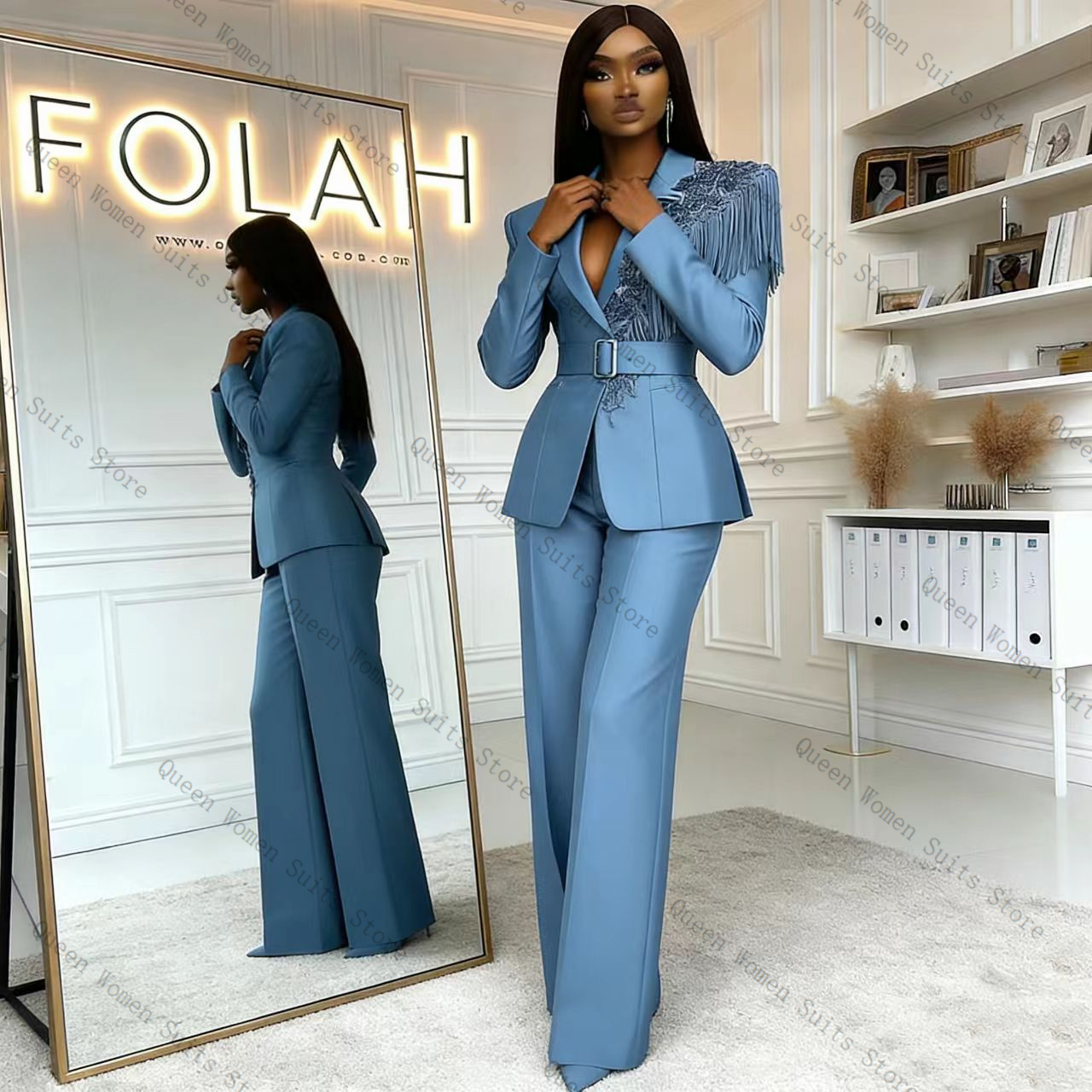 Women'S Formal Wear For A Wedding - Kwastje Blauw Vrouwen Pak Broek Set