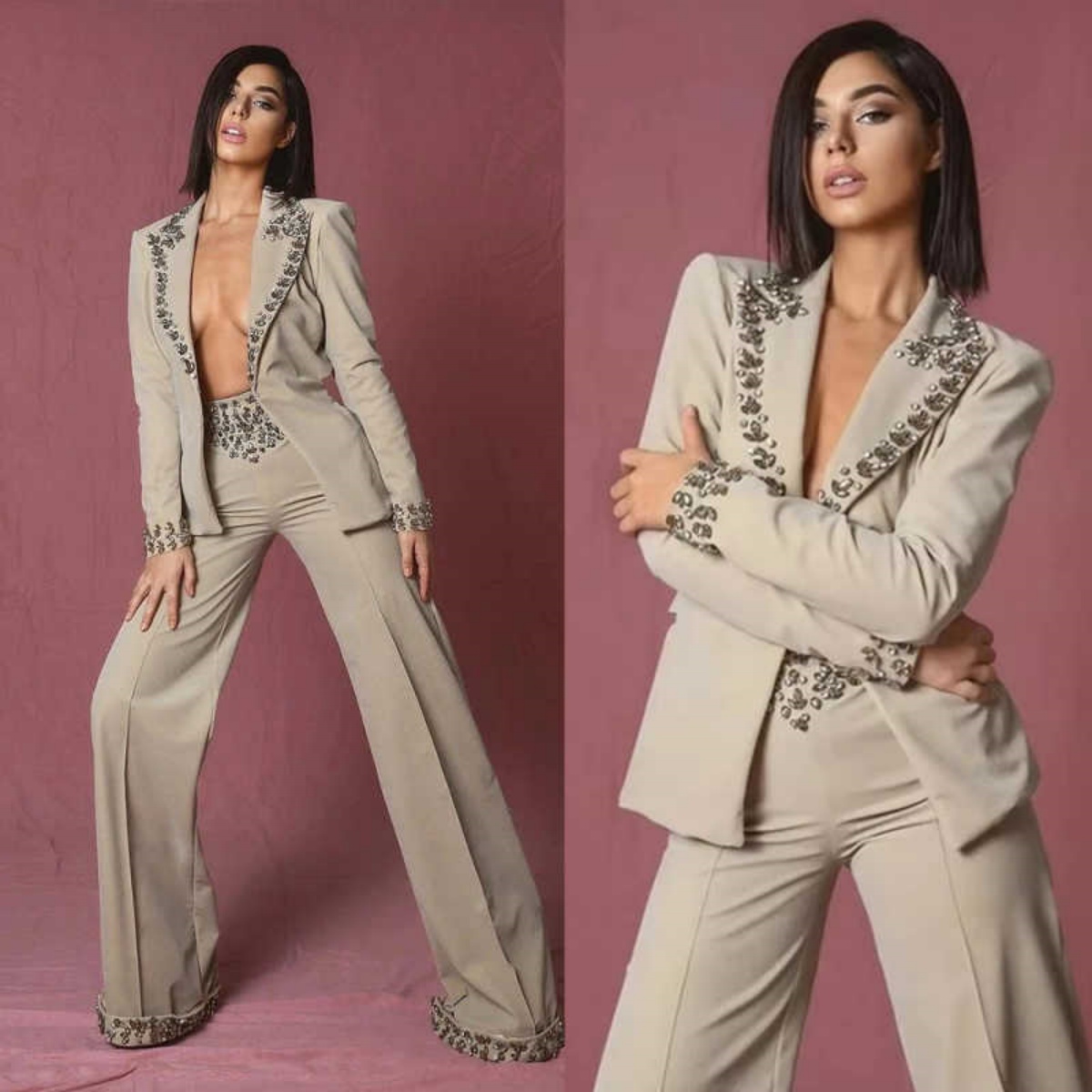 Women'S Formal Wear For A Wedding - Verbazingwekkende strass damespak 2-delig blazer broek