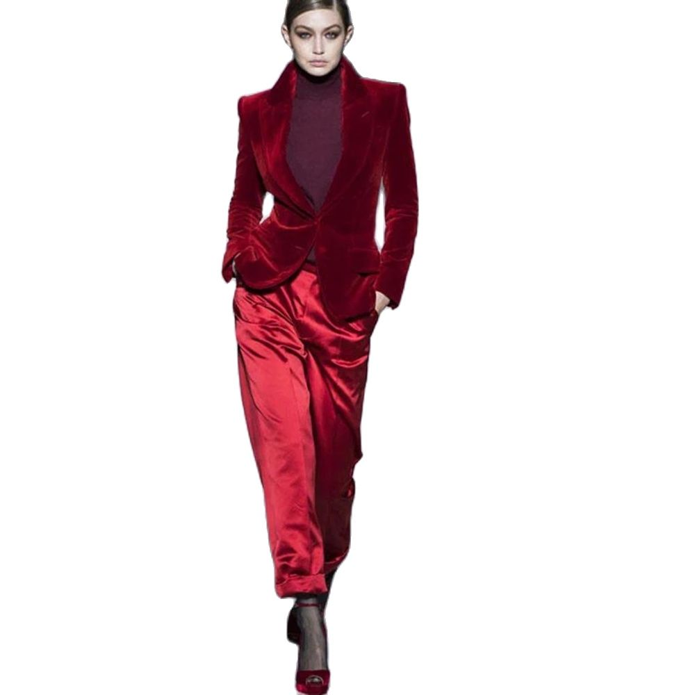 Women Formal Wear Blazers - Vrouwen Broek Past Wijn Rode Fluwelen