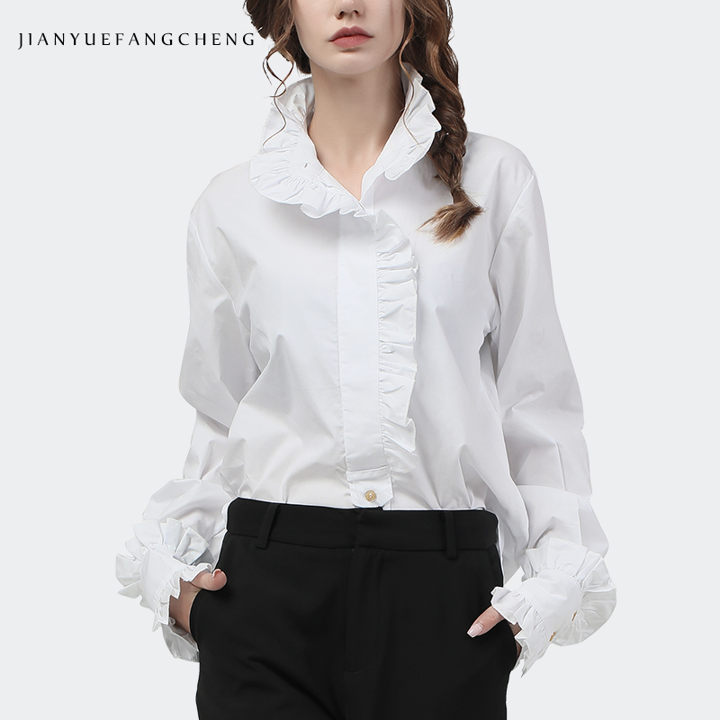 Women Formal Office Wear Tops - Elegante Ruches Vrouwen Witte Katoenen Shirts