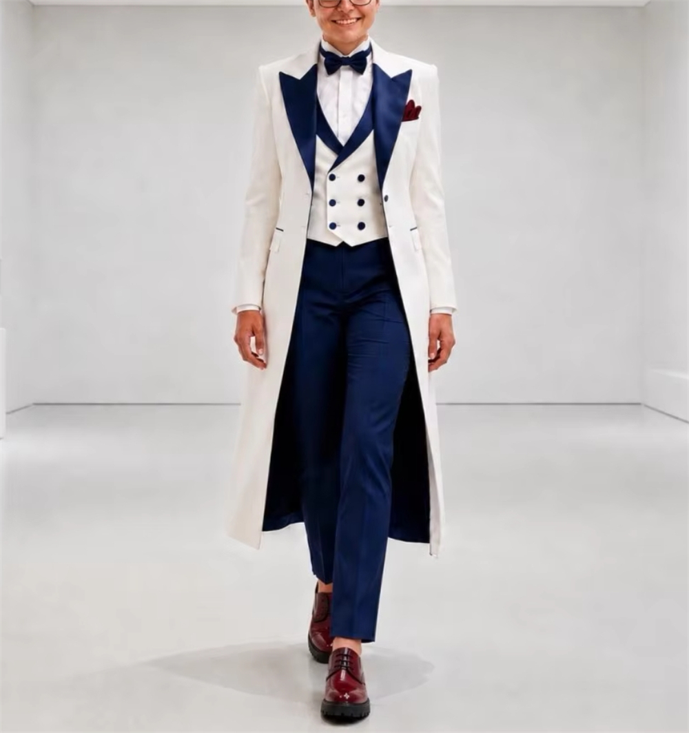 Women Formal Wear Blazers - Marineblauw-wit damespak, elegant, op maat gemaakt,