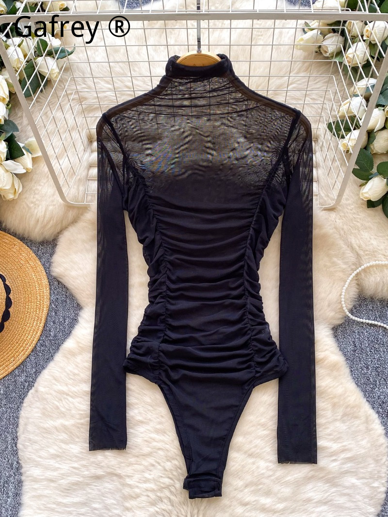 Sexy grijze mesh gerimpelde bo - Turtleneck Bodysuit Office recensie en prijs